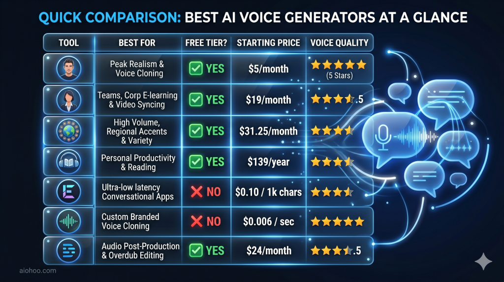 Best AI voice generators comparison 2026 - free and paid platforms
